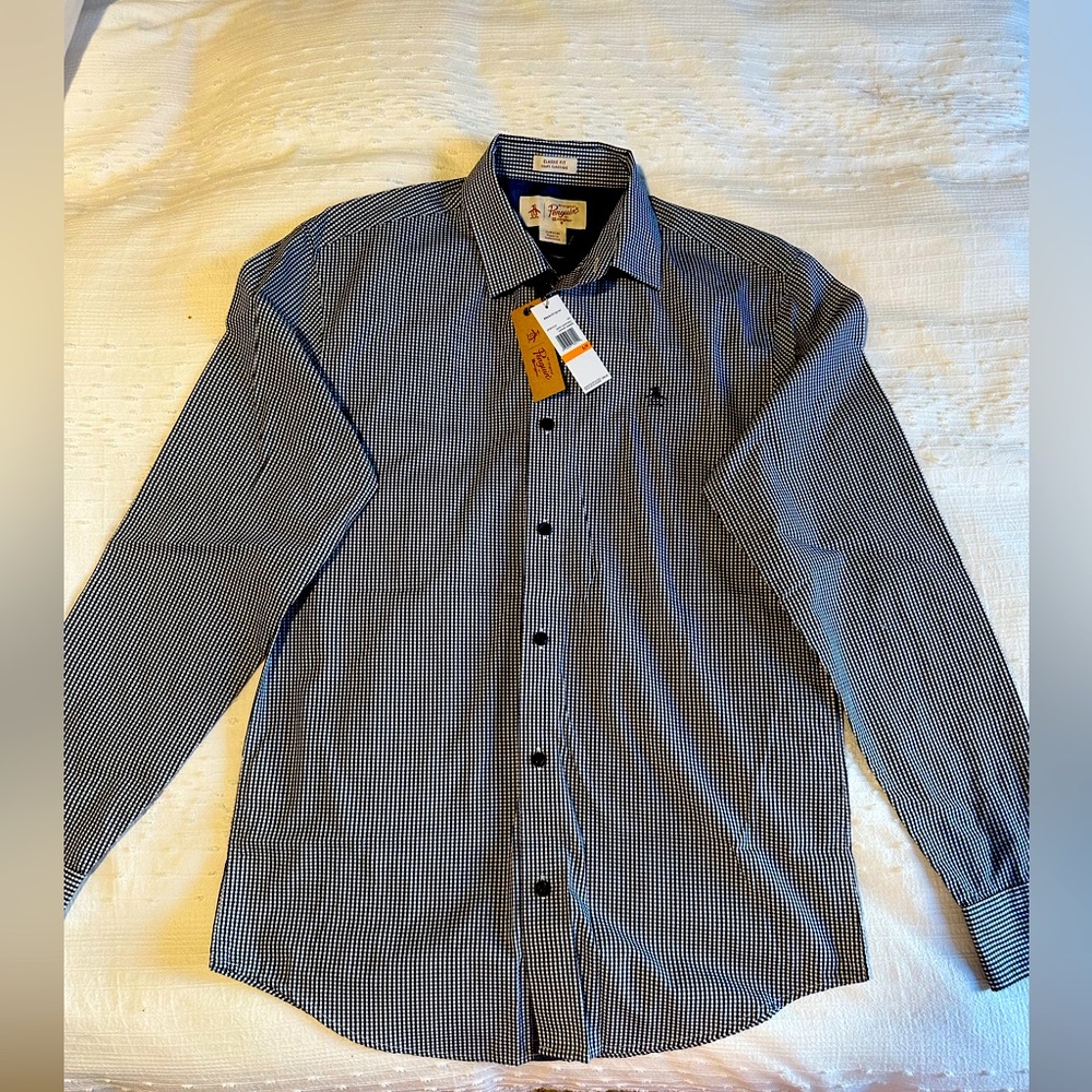 Men’s Penguin Dress Shirt Navy Check Pattern Size Small